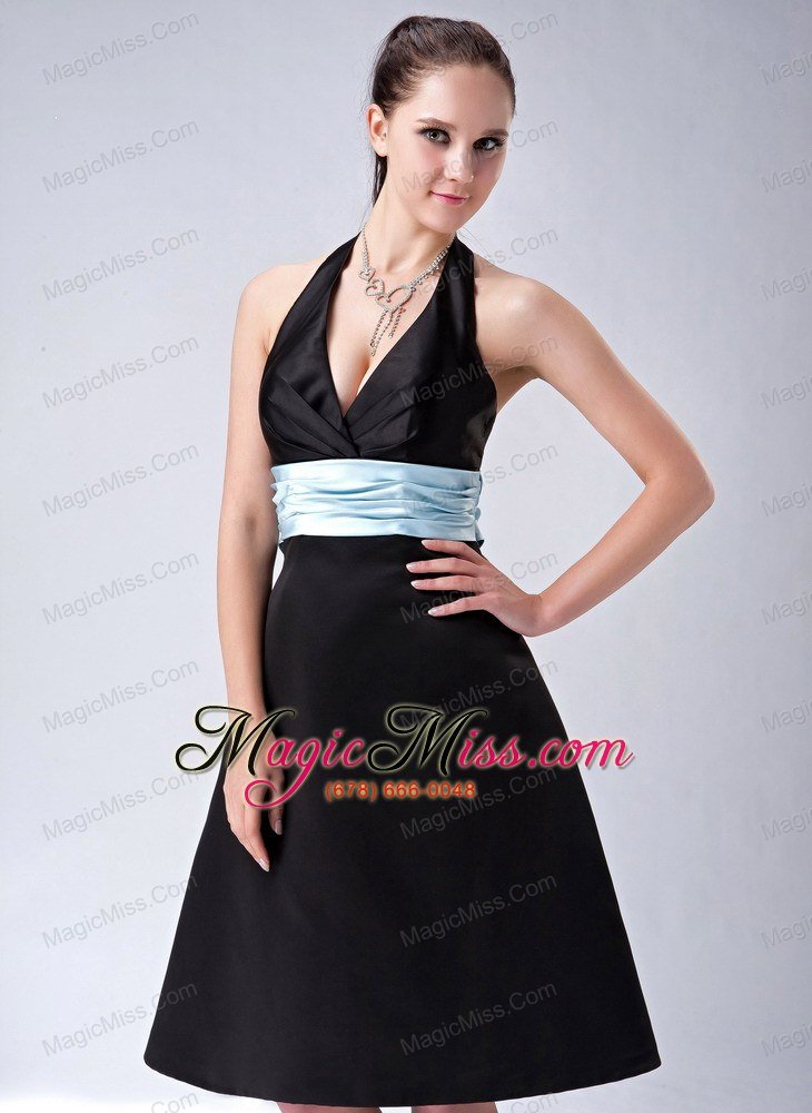 wholesale custom made black a-line / princess halter bridesmaid dress belt knee-length satin