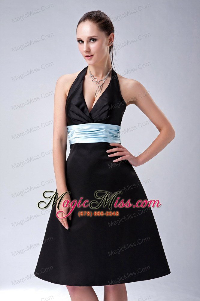 wholesale custom made black a-line / princess halter bridesmaid dress belt knee-length satin