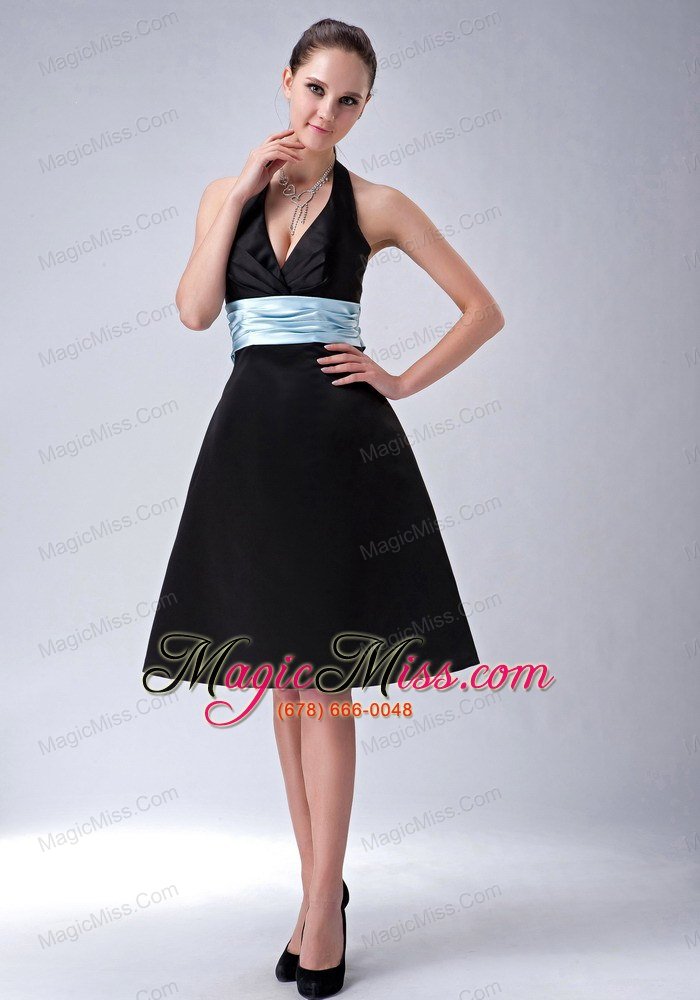 wholesale custom made black a-line / princess halter bridesmaid dress belt knee-length satin