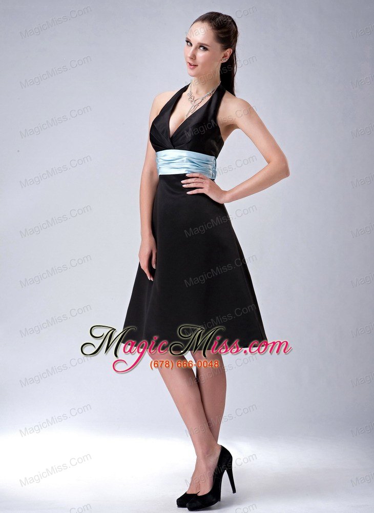 wholesale custom made black a-line / princess halter bridesmaid dress belt knee-length satin