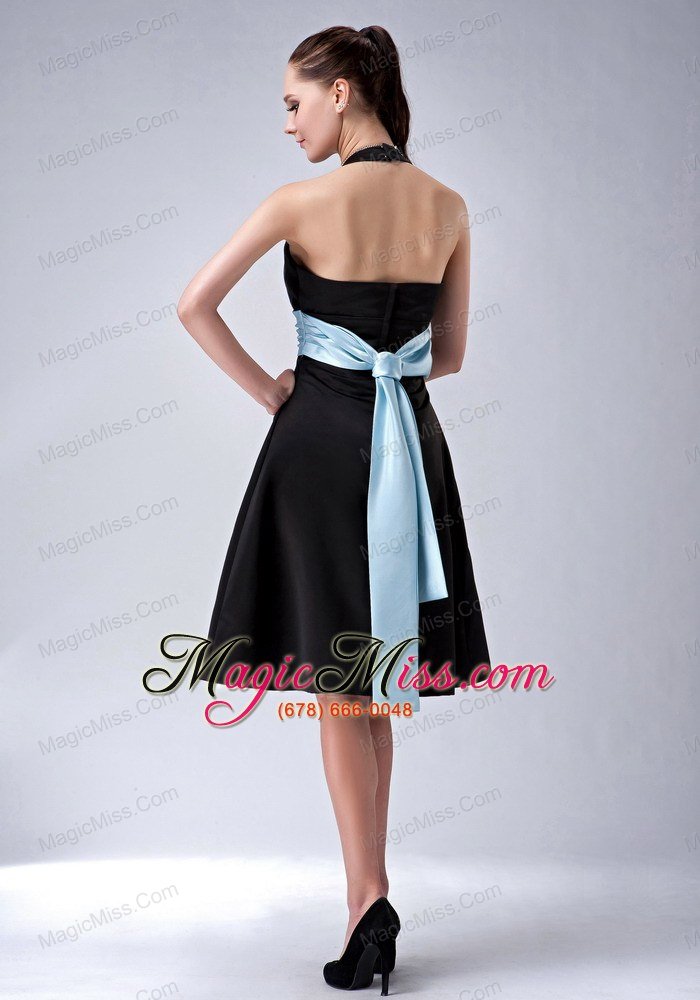 wholesale custom made black a-line / princess halter bridesmaid dress belt knee-length satin