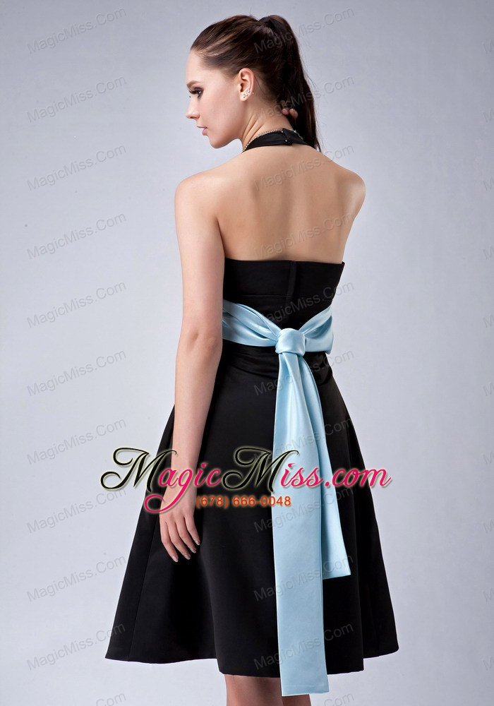 wholesale custom made black a-line / princess halter bridesmaid dress belt knee-length satin