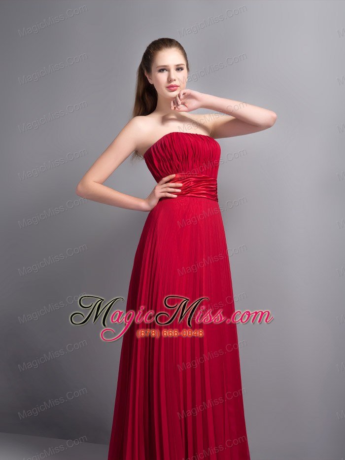 wholesale romantic red empire strapless bridesmaid dress chiffon pleat floor-length