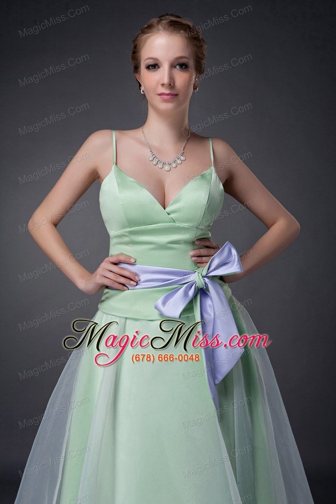 wholesale sweet apple green a-line straps mother of the bride dress tea-length organza bowknot