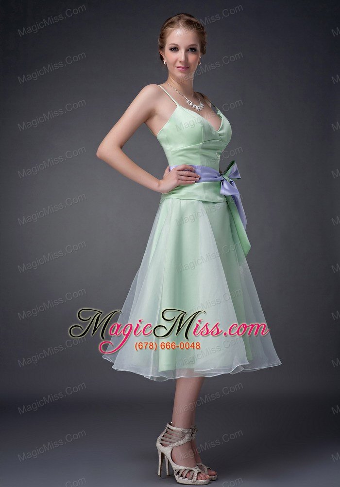 wholesale sweet apple green a-line straps mother of the bride dress tea-length organza bowknot