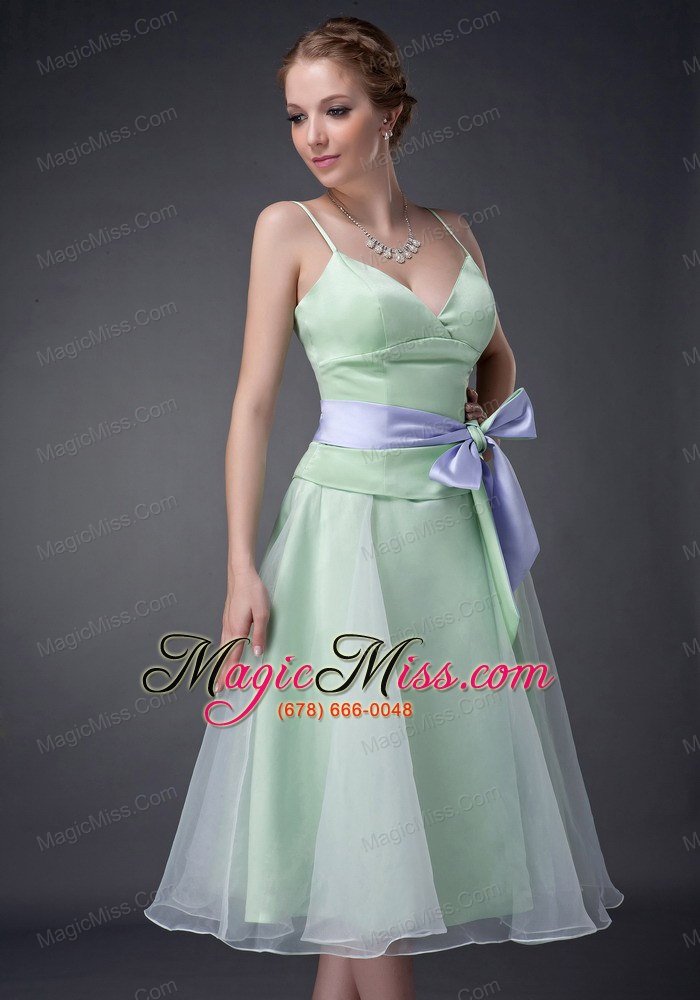 wholesale sweet apple green a-line straps mother of the bride dress tea-length organza bowknot