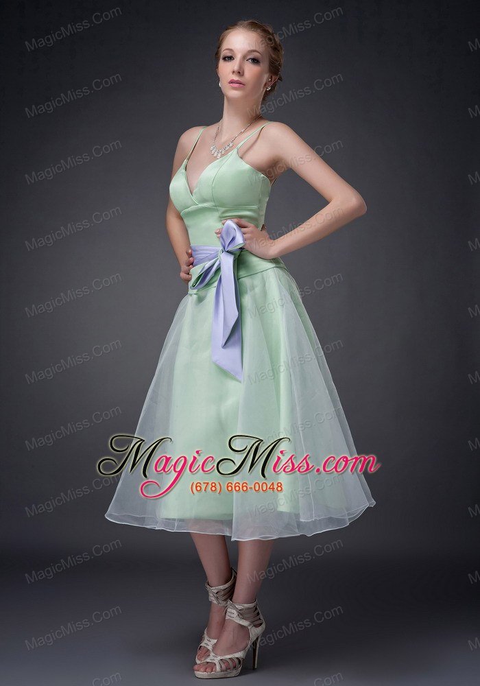 wholesale sweet apple green a-line straps mother of the bride dress tea-length organza bowknot