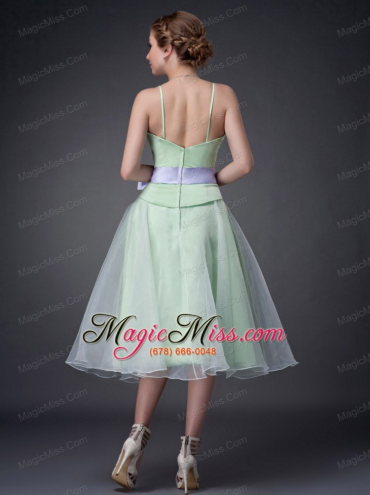 wholesale sweet apple green a-line straps mother of the bride dress tea-length organza bowknot