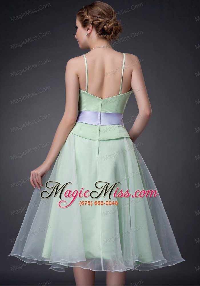 wholesale sweet apple green a-line straps mother of the bride dress tea-length organza bowknot