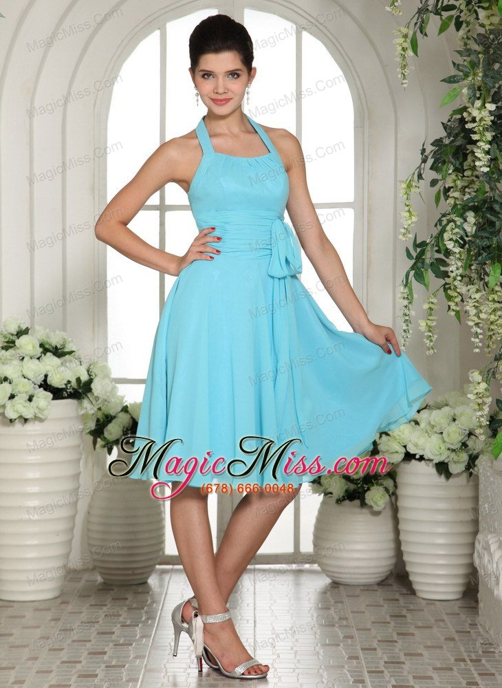 wholesale lorman aqua blue halter sash chiffon bridesmaid dress knee-length