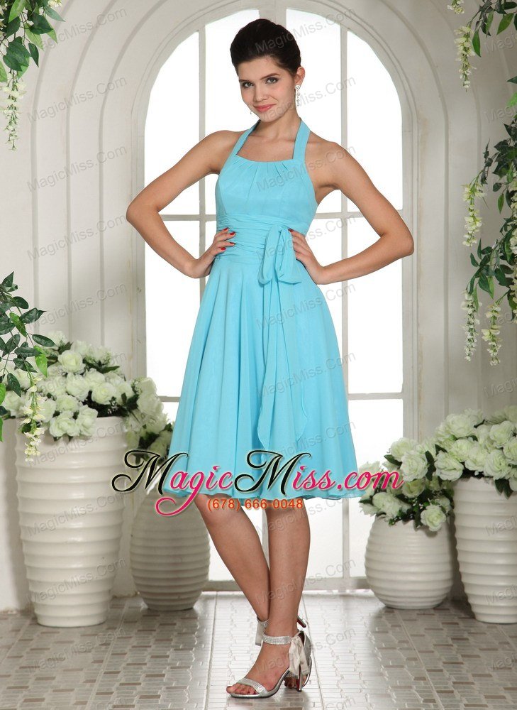 wholesale lorman aqua blue halter sash chiffon bridesmaid dress knee-length