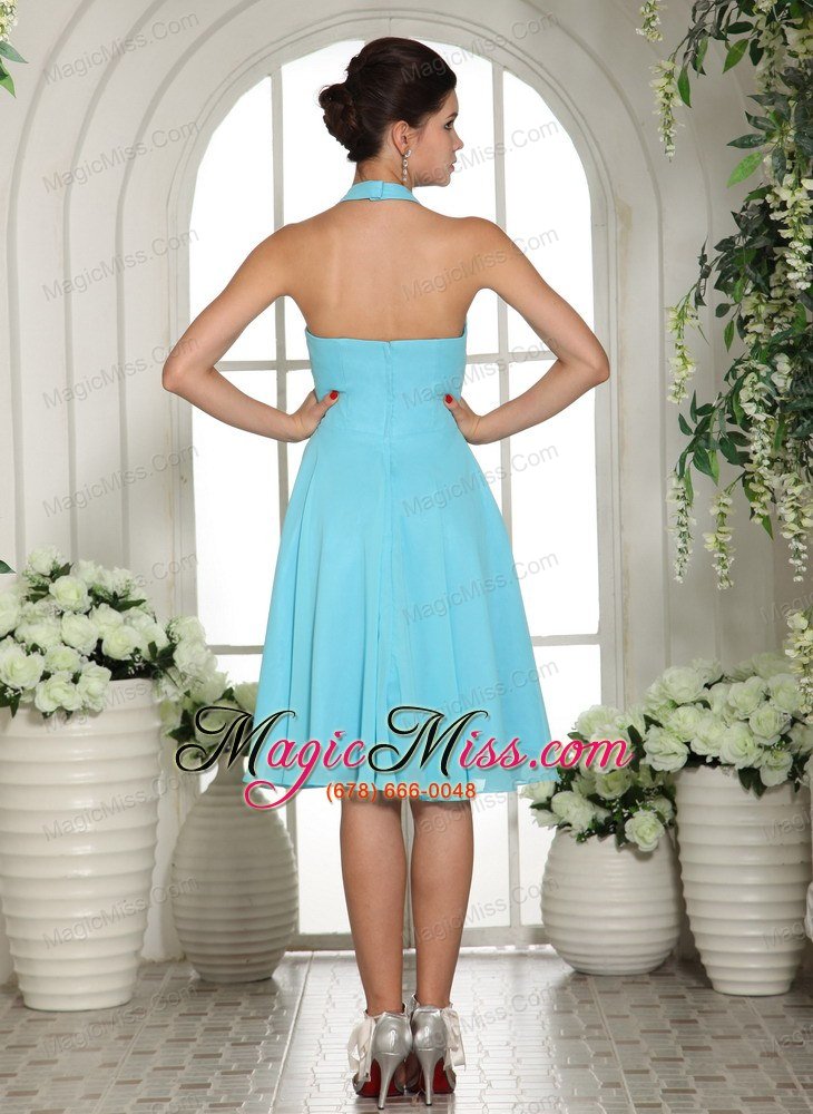 wholesale lorman aqua blue halter sash chiffon bridesmaid dress knee-length