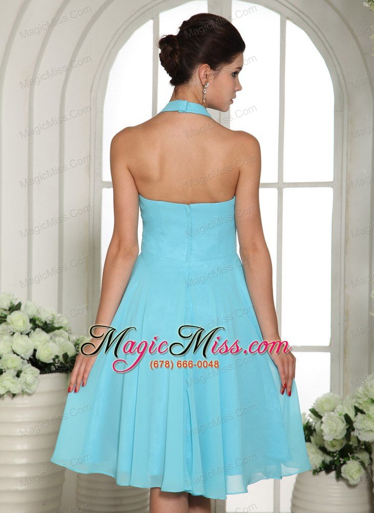 wholesale lorman aqua blue halter sash chiffon bridesmaid dress knee-length