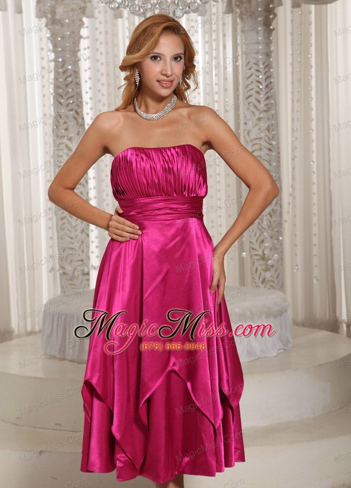 wholesale hot pink ruched bodice tea-length simple mother of the bride dress for wedding party