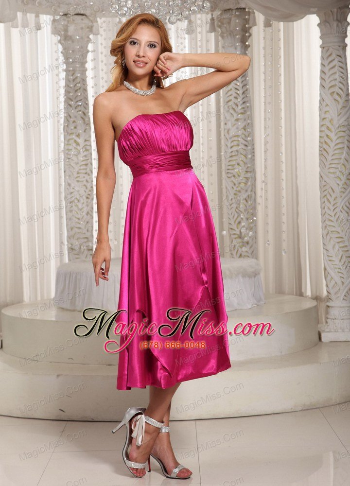 wholesale hot pink ruched bodice tea-length simple mother of the bride dress for wedding party