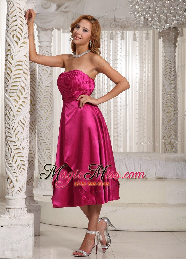 wholesale hot pink ruched bodice tea-length simple mother of the bride dress for wedding party