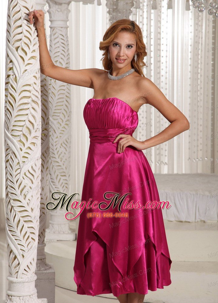 wholesale hot pink ruched bodice tea-length simple mother of the bride dress for wedding party