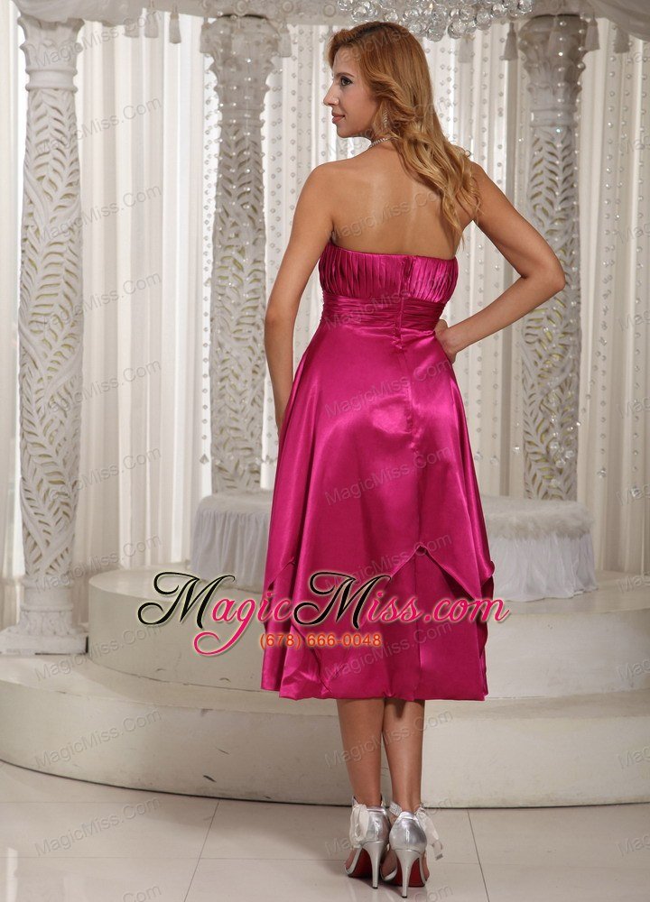 wholesale hot pink ruched bodice tea-length simple mother of the bride dress for wedding party