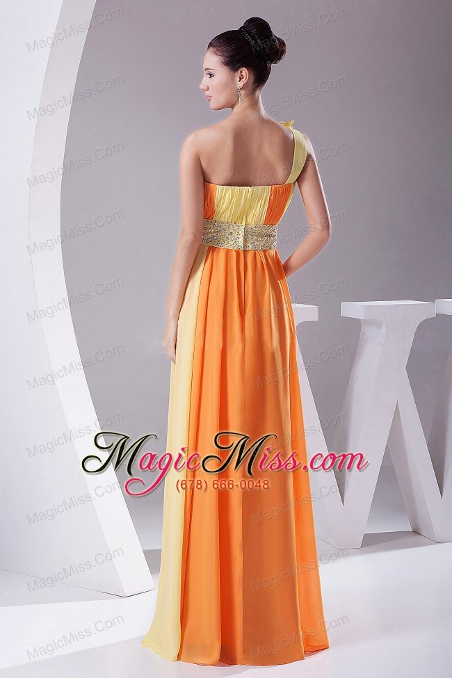 wholesale hand made flowers with beading and ruching decorate bodice orange and yellow chiffon prom dress floor-length