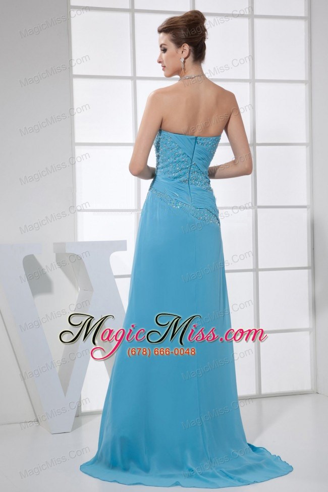 wholesale high slit beading strapless brush train blue chiffon 2013 prom dress