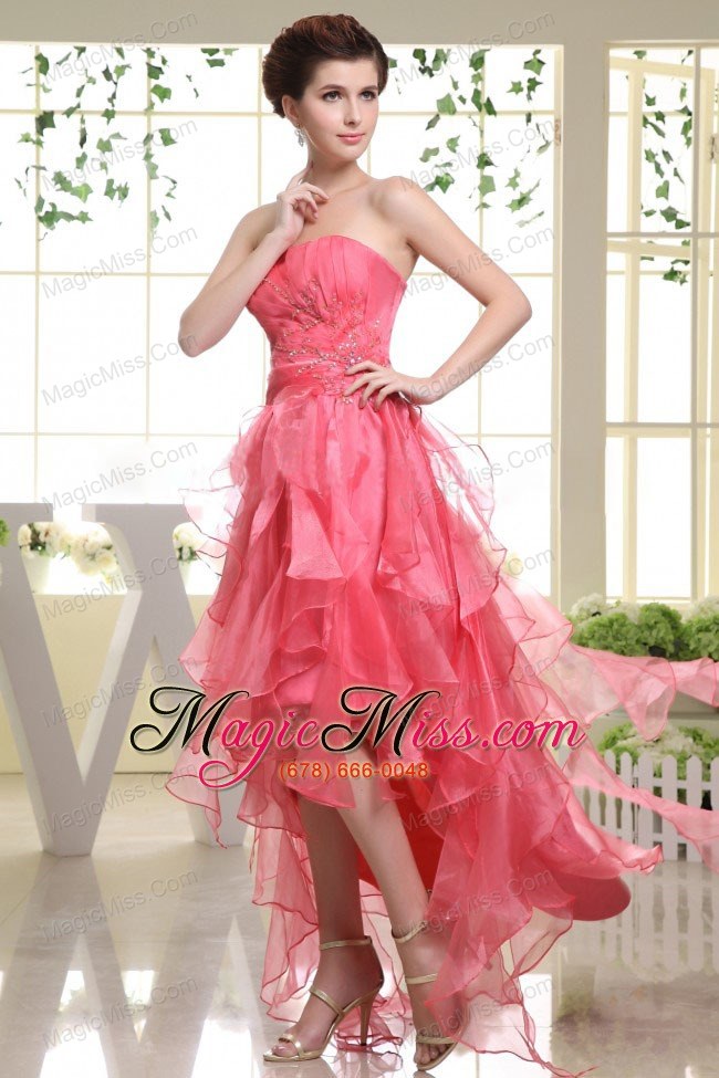 wholesale high-low coral red prom dress with beading rufflers layers