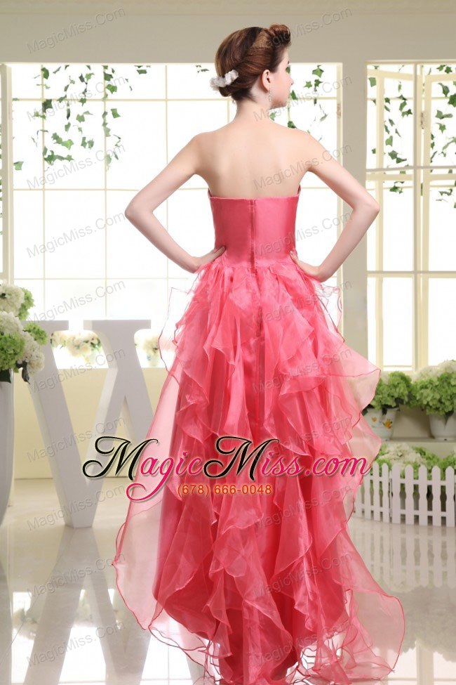 wholesale high-low coral red prom dress with beading rufflers layers