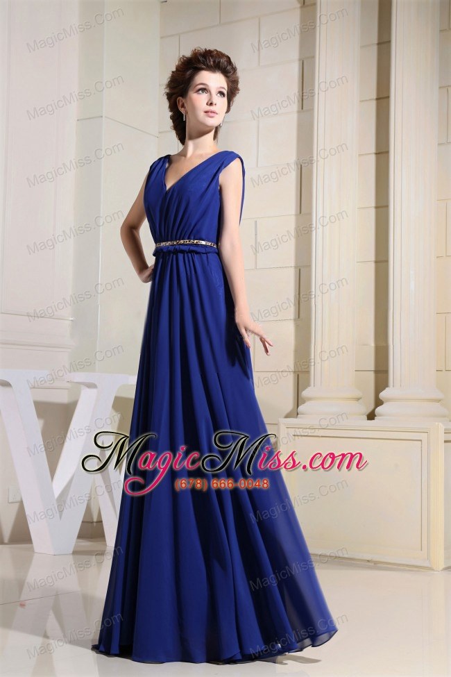 wholesale royal blue prom dress with v-neck chiffon