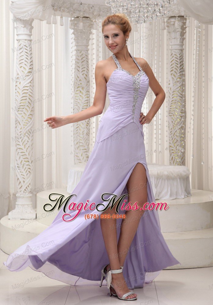 wholesale beaded decorate halter ruched bodice lilac high slit prom / evening dress chiffon