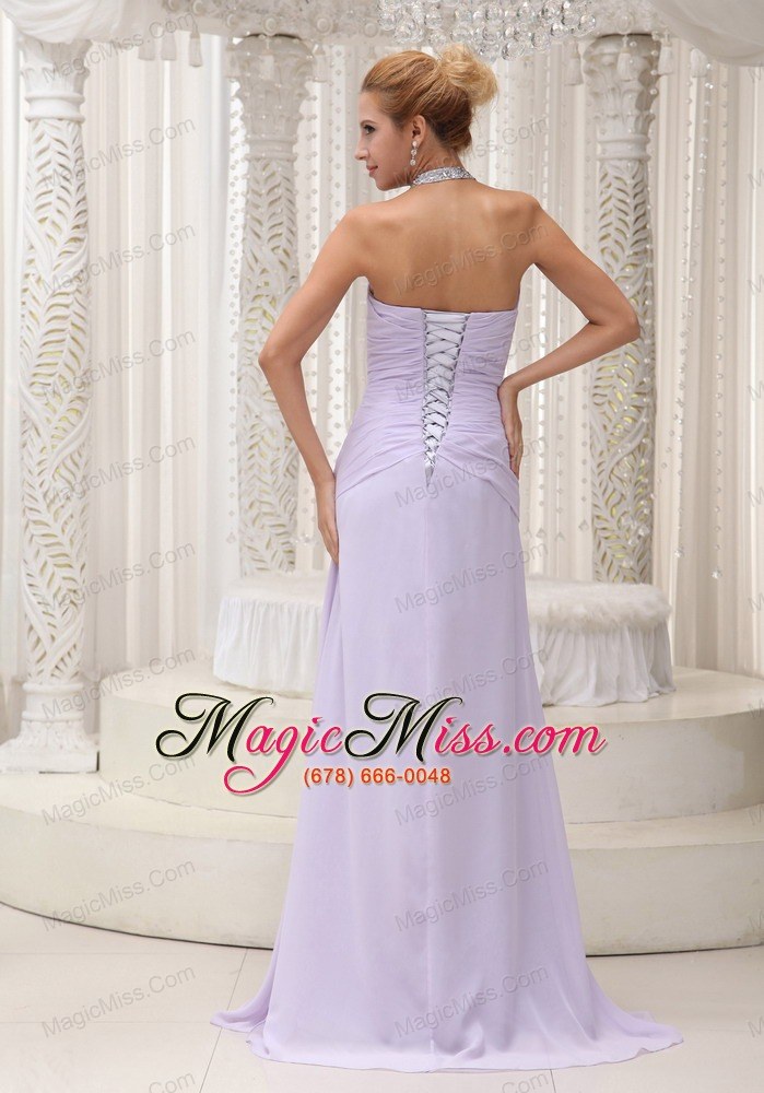 wholesale beaded decorate halter ruched bodice lilac high slit prom / evening dress chiffon