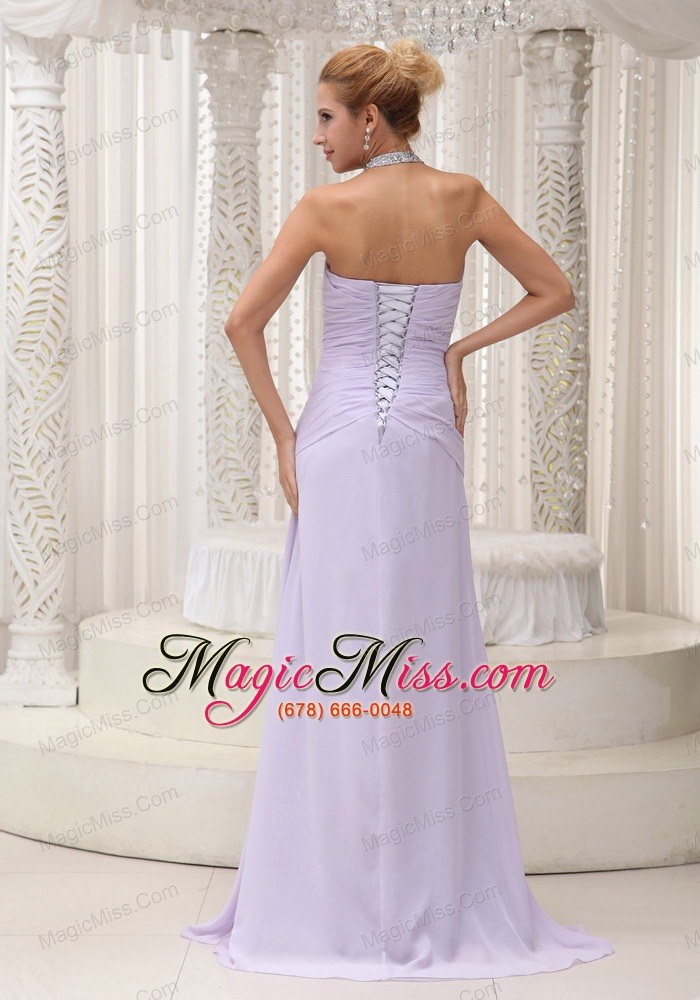 wholesale beaded decorate halter ruched bodice lilac high slit prom / evening dress chiffon