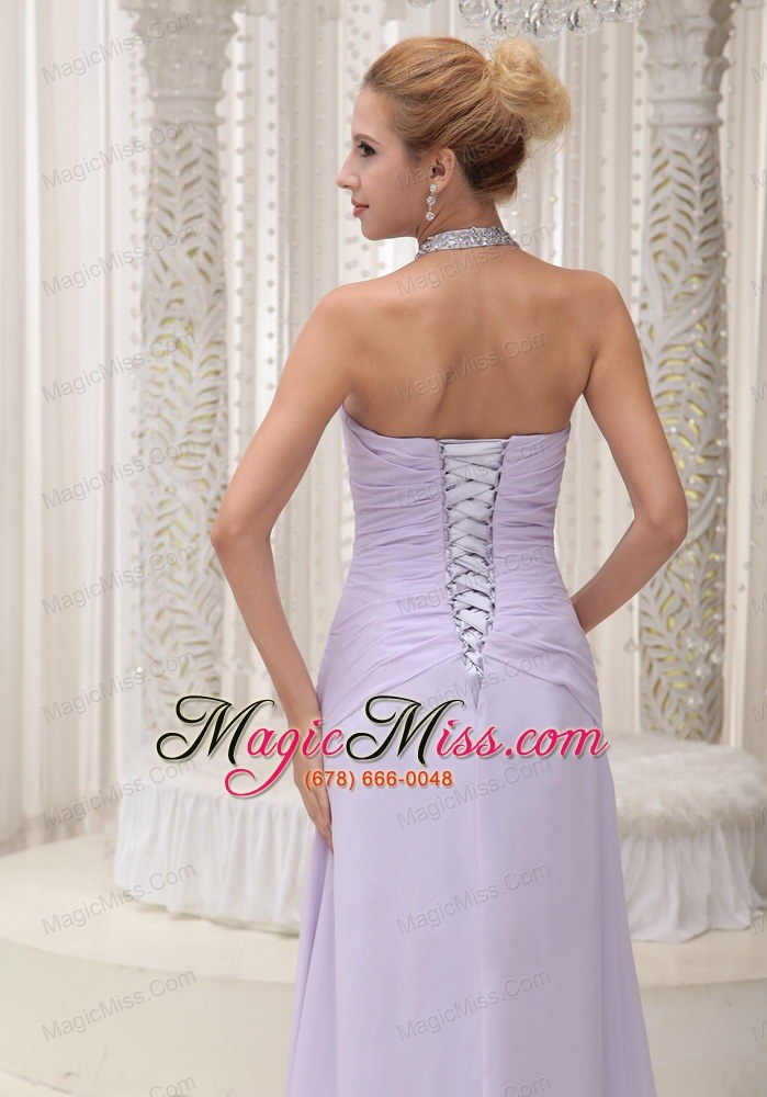 wholesale beaded decorate halter ruched bodice lilac high slit prom / evening dress chiffon