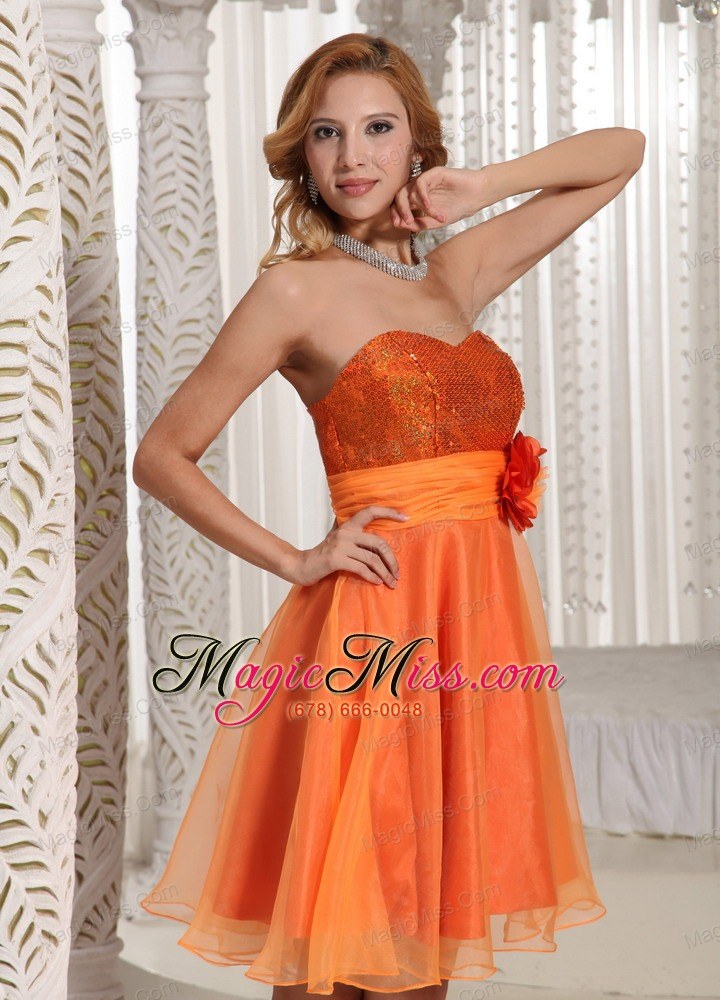 wholesale organza hand made flower belt beautiful sequins decorate bust homecoming dress orange