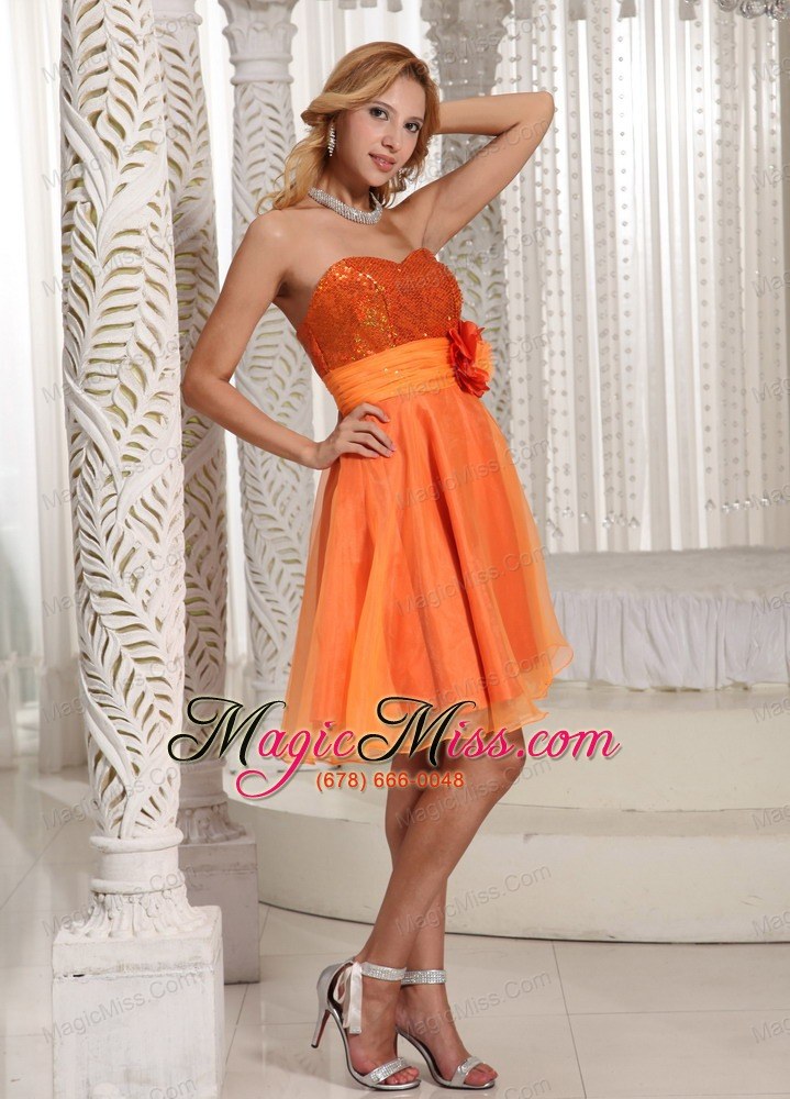 wholesale organza hand made flower belt beautiful sequins decorate bust homecoming dress orange