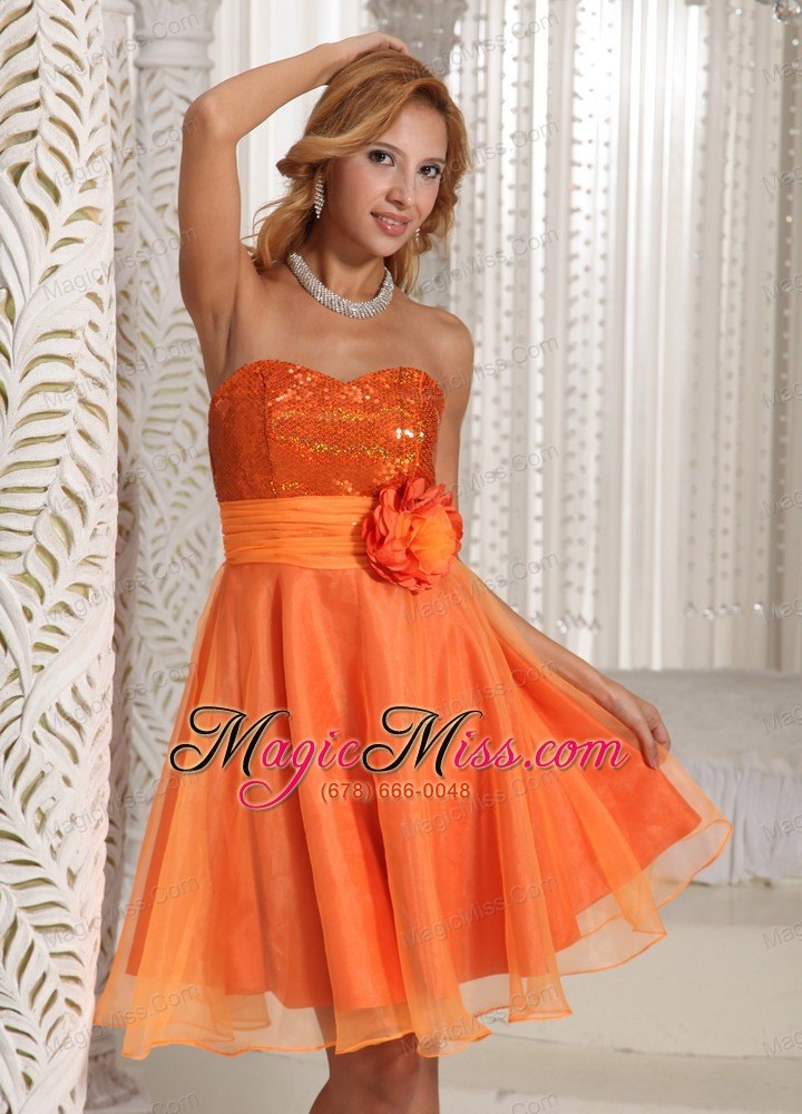 wholesale organza hand made flower belt beautiful sequins decorate bust homecoming dress orange