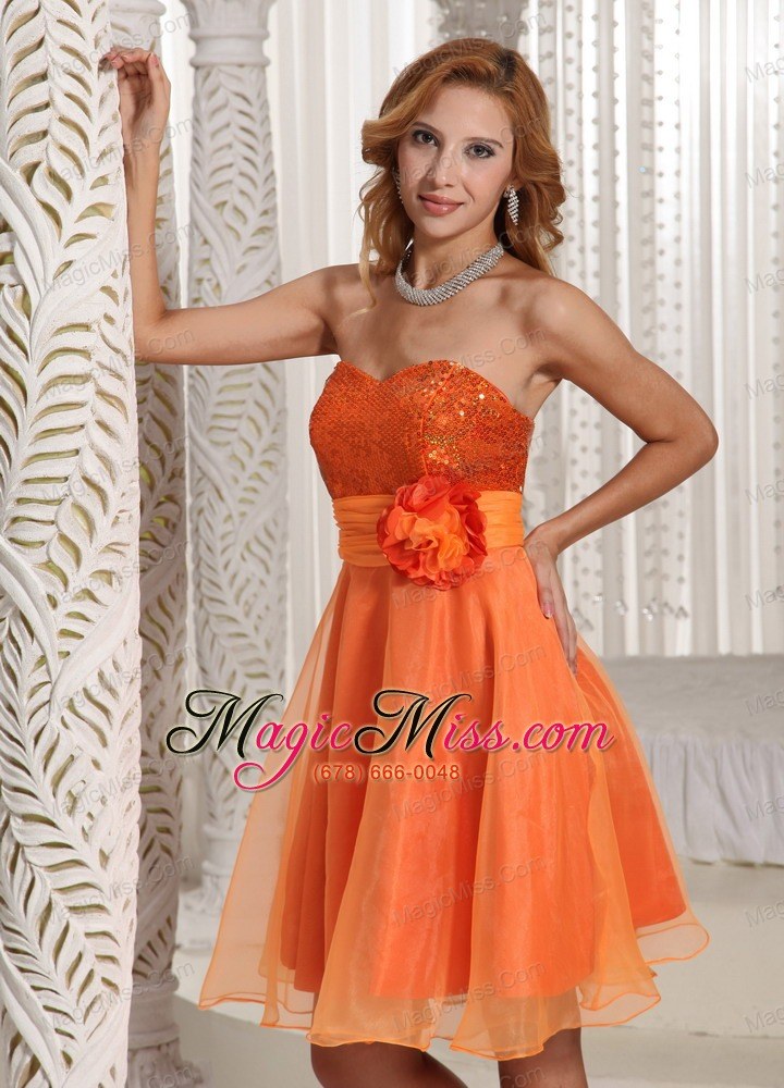 wholesale organza hand made flower belt beautiful sequins decorate bust homecoming dress orange