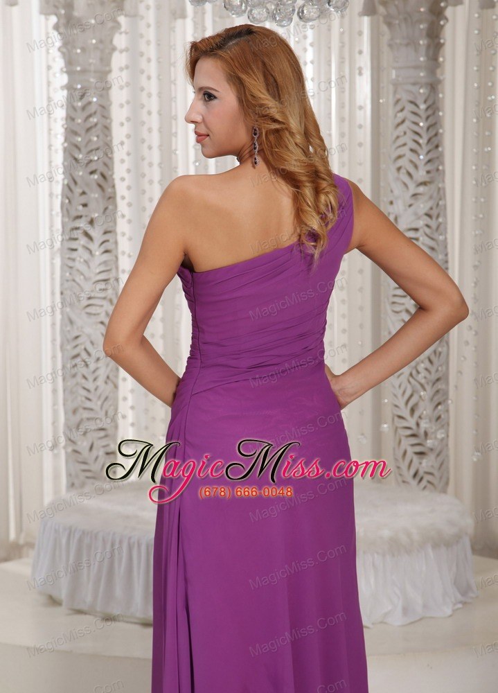 wholesale sexy high slit one shoulder long bridesmaid dress with fuchsia chiffon