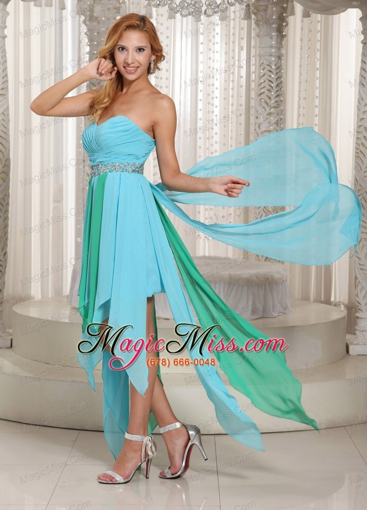 wholesale asymmetrical sweetheart beaded decorate waist prom dress with aque blue chiffon 2013