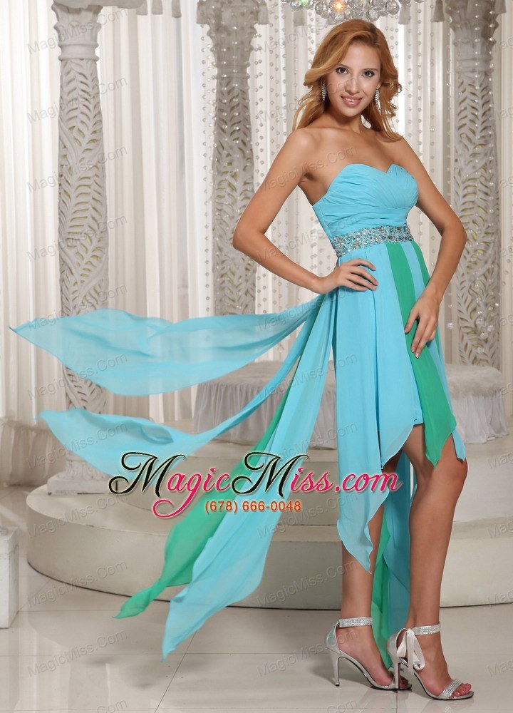 wholesale asymmetrical sweetheart beaded decorate waist prom dress with aque blue chiffon 2013