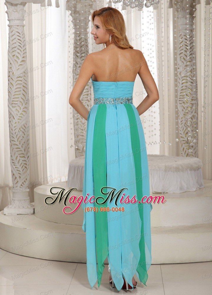 wholesale asymmetrical sweetheart beaded decorate waist prom dress with aque blue chiffon 2013