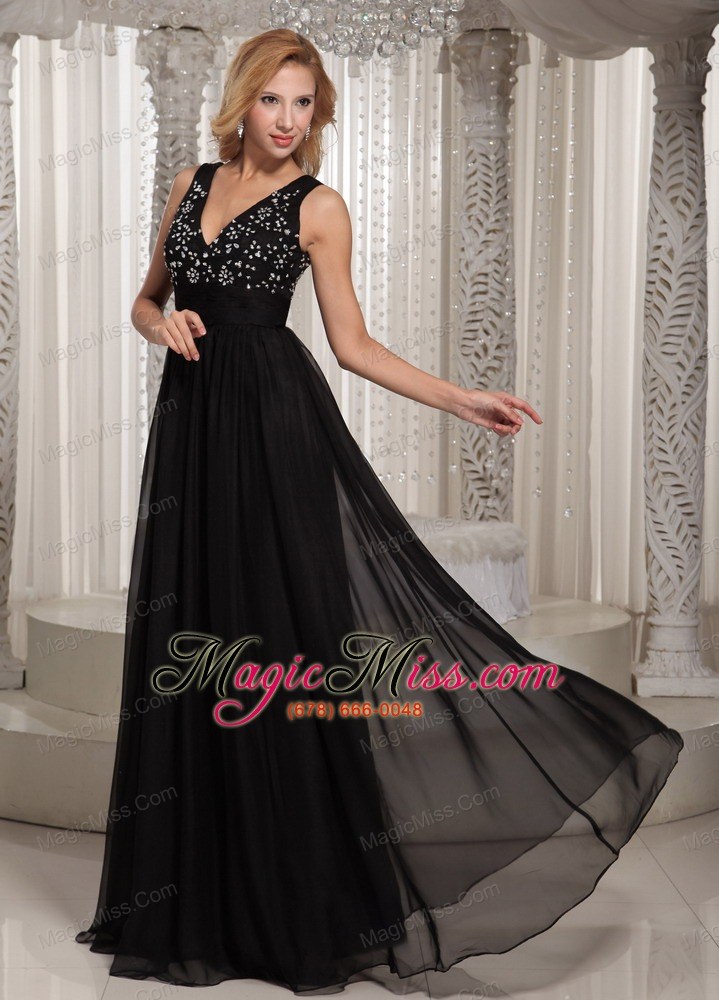 wholesale v-neck beaded bodice cheap prom celebrity dress black chiffon