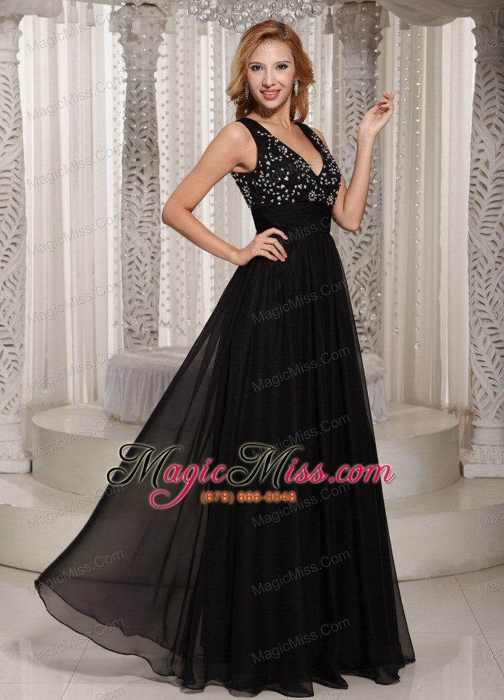 wholesale v-neck beaded bodice cheap prom celebrity dress black chiffon