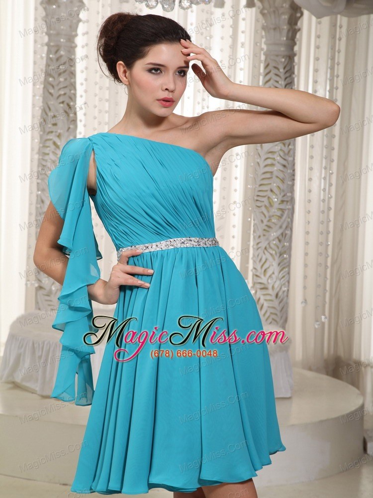 wholesale teal empire one shoulder mini-length chiffon beading prom dress