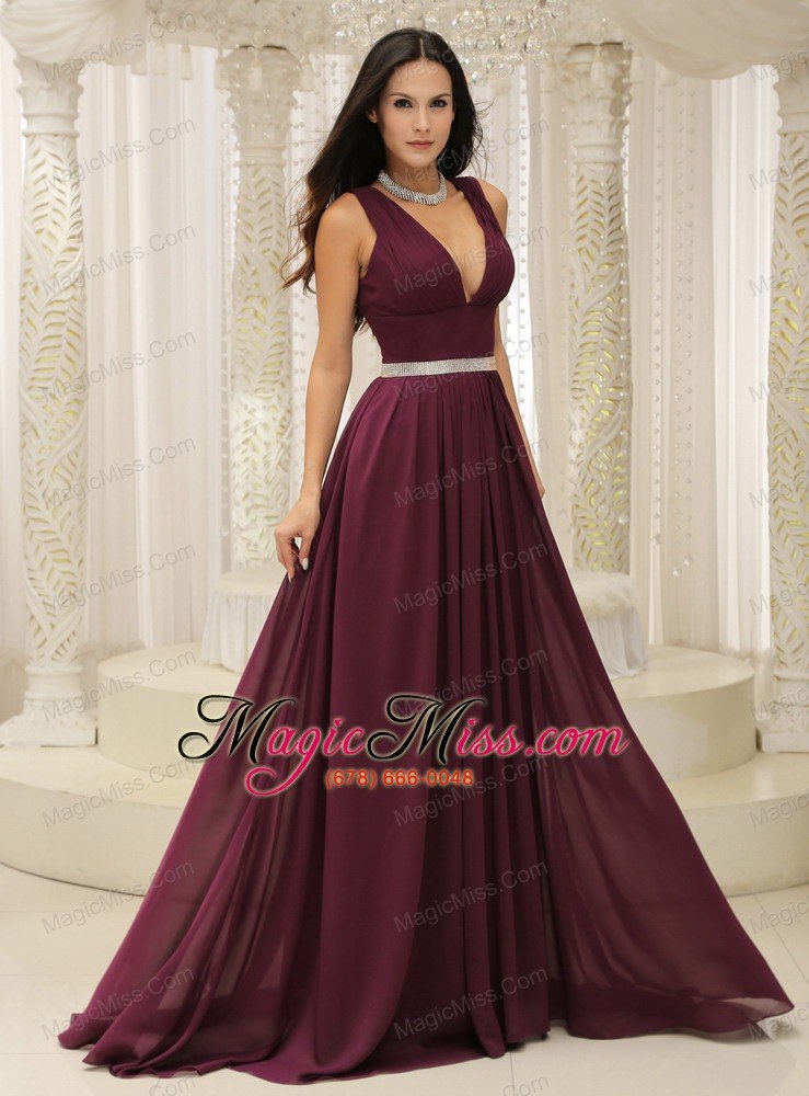 wholesale v-neck burgundy brush train for mother of the bride dress belt customize in montana