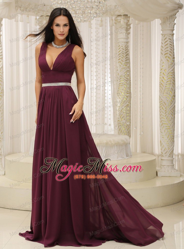 wholesale v-neck burgundy brush train for mother of the bride dress belt customize in montana