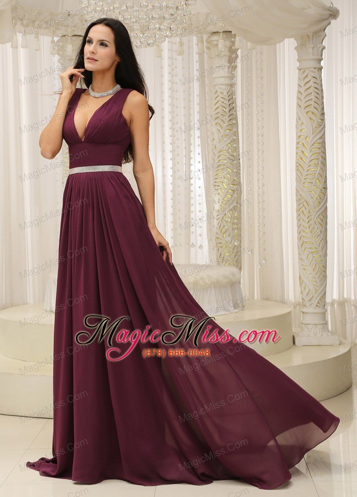 wholesale v-neck burgundy brush train for mother of the bride dress belt customize in montana