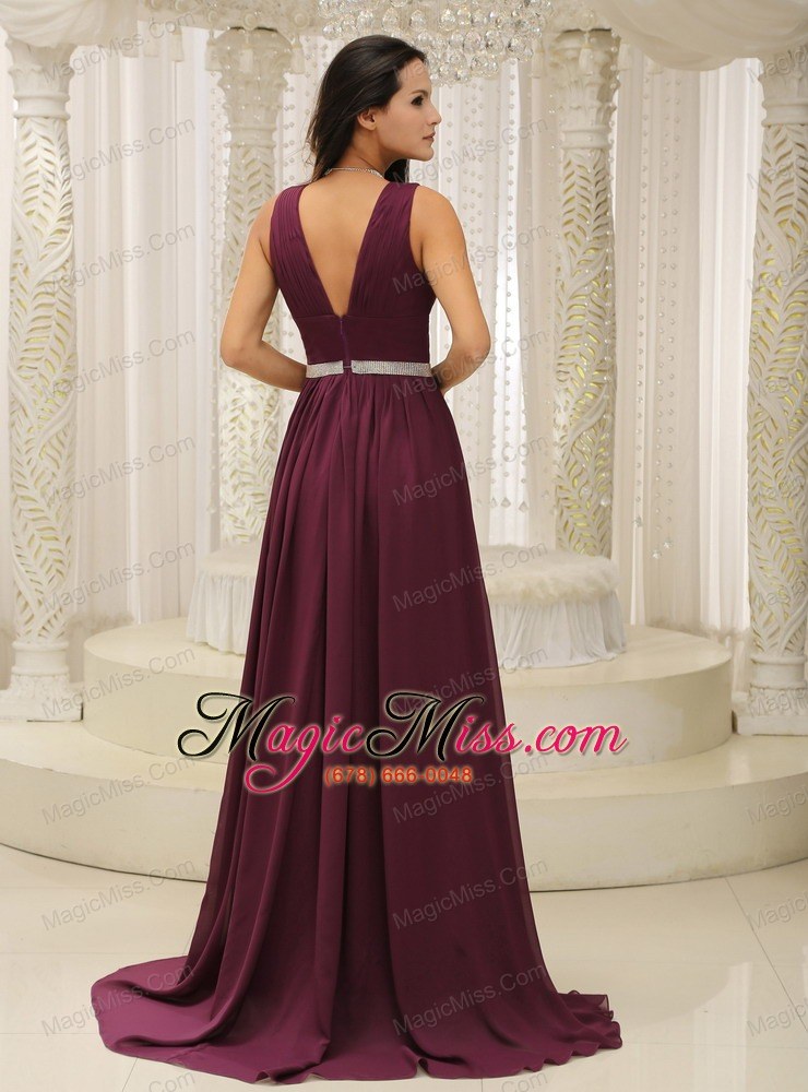 wholesale v-neck burgundy brush train for mother of the bride dress belt customize in montana