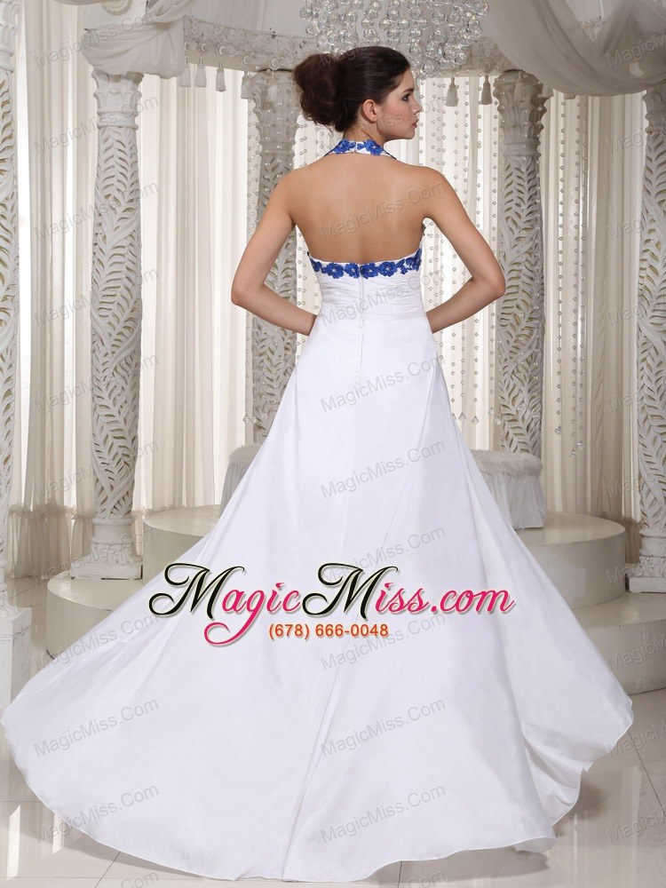 wholesale white column halter floor-length taffeta appliques prom dress