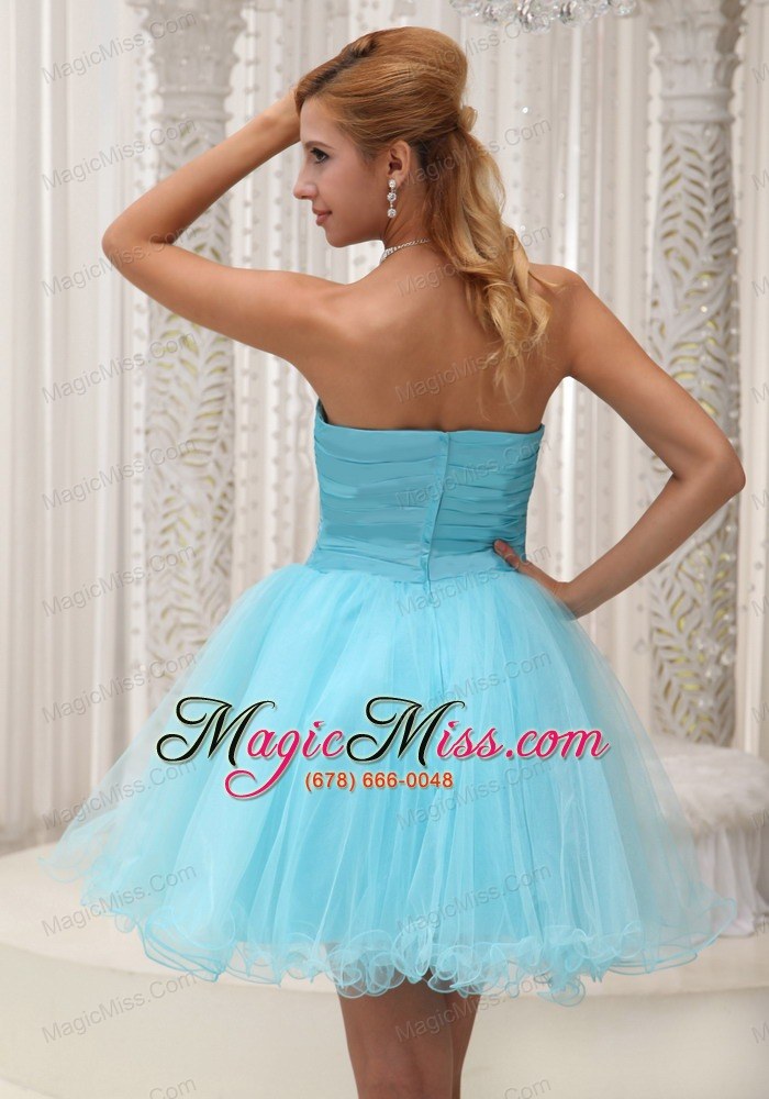 wholesale aqua blue a-line prom / cocktail dress for 2013 taffeta and organza ruched bodice mini-length