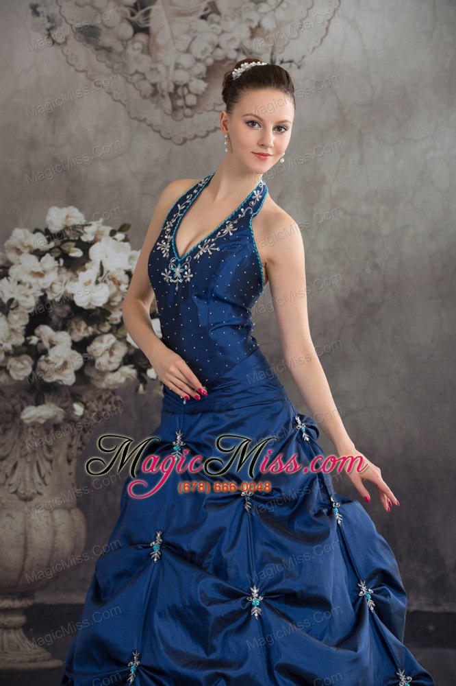 wholesale navy blue halter top beading appliques a-line quinceanera dress