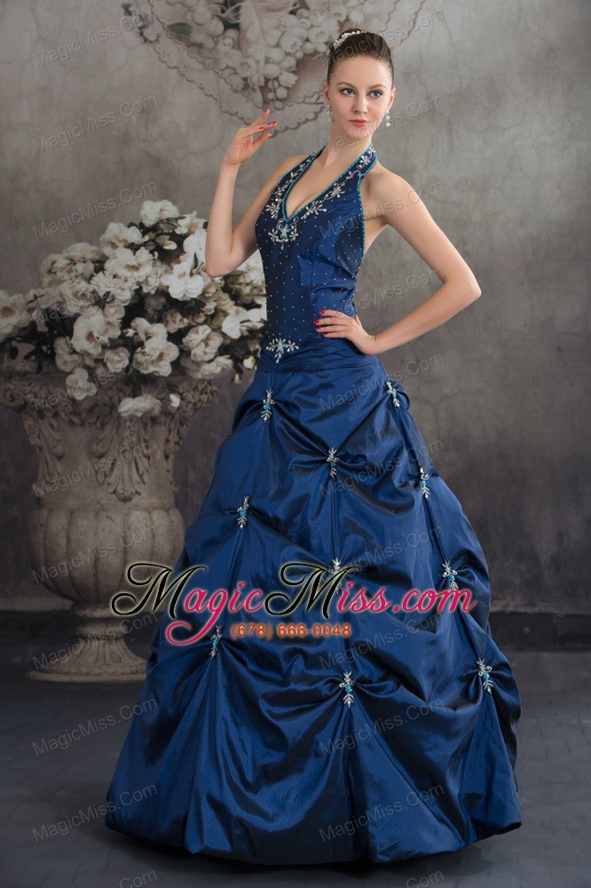 wholesale navy blue halter top beading appliques a-line quinceanera dress